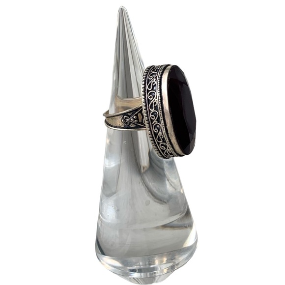 Vintage Sterling Silver Ruby Red Faceted Oval Glass Woman’s Ring Jewelry Garnet - Picture 6 of 8